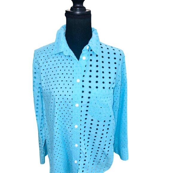 J.Crew Baby Blue Classic Eyelet Button-Up Shirt Long Sleeve Cotton 8 Sustainable - Picture 3 of 11